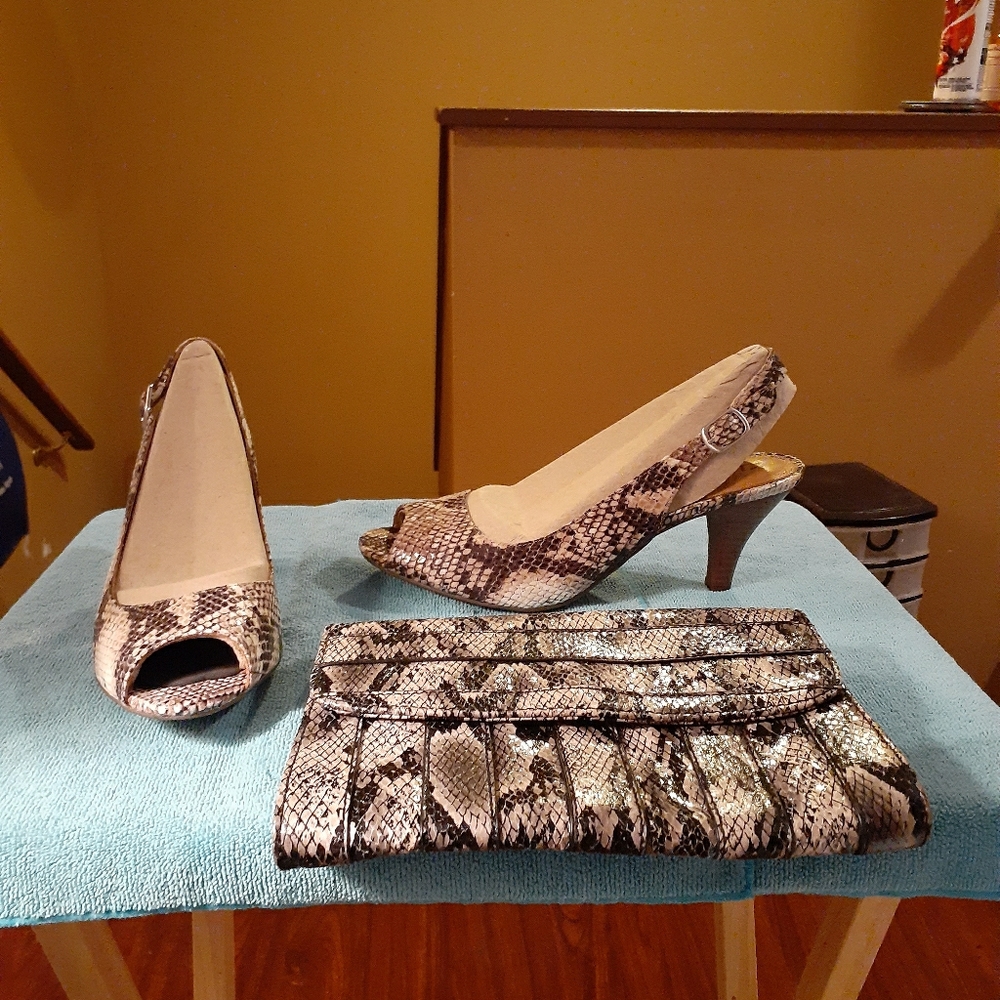Clarks snake print peep toe slingback/purse